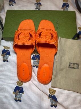 Gucci Brill Orange Canvas Interlocking Embossed GG Slide Sandals